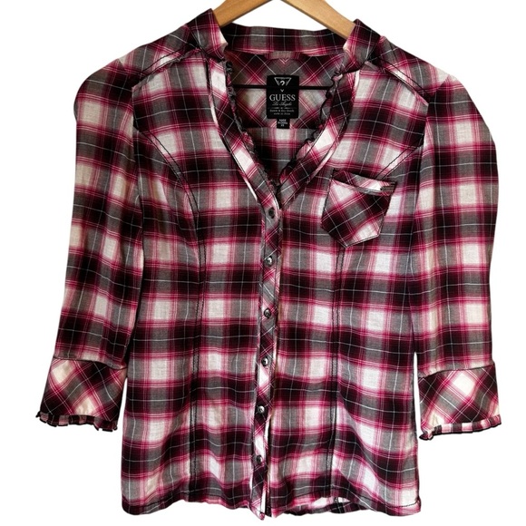 Guess Western Plaid Y2K Style Sheer Button Down Ruffled Blouse Red Black Sz XS - Picture 1 of 5